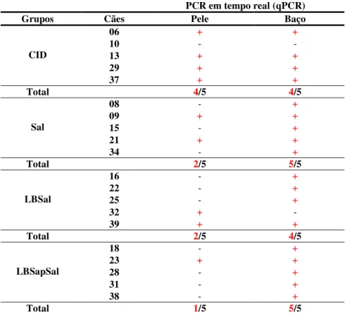 Tabela 5: Avaliação parasitológica pela técnica de PCR em tempo real (qPCR) em  cães  submetidos  aos  diferentes  protocolos  vacinais  após  885  dias  do  desafio  experimental com L