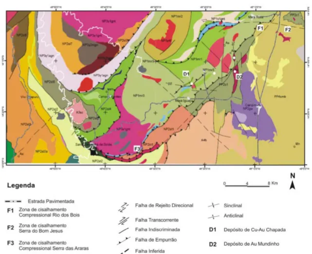 Figura 15 - Mapa Geológico da porção Sul do Arco Mara Rosa. (Retirado de Oliveira  (2009), modificado de Oliveira et al