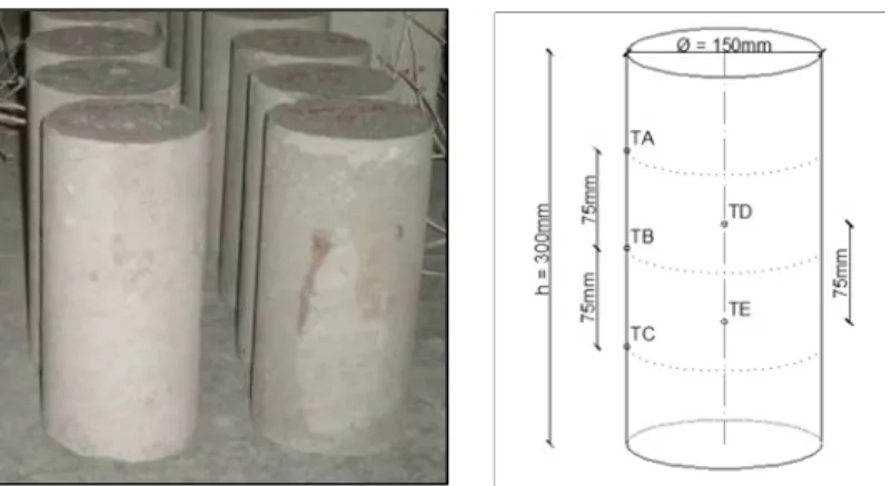 Fig. 2 Specimens for the tensile splitting tests and location of thermocouples 