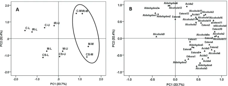 Figure 1. Principal component analysis of concentrations of aroma compounds in the wines from the four varieties