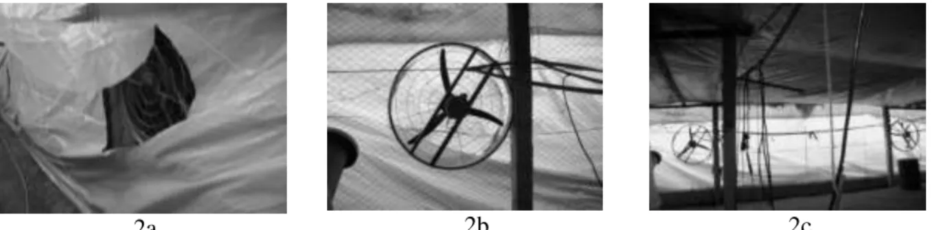 FIGURE 2. Minimum ventilation system by negative pressure (exhaust). 2a) View of the exhaust  on the outside of the shed; 2b) View of the exhaust inside the shed; 2c) View of the  exhaust located in the anteroom