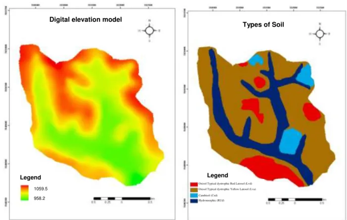 FIGURE 1. Digital elevation model and hydrography of Marcela b) Pedology of the subwatershed  of Marcela strean
