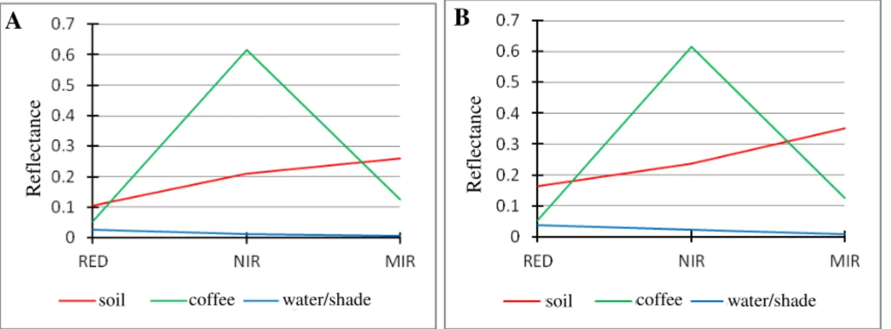 FIGURE 3. Spectral curves of endmembers of soil, coffee, and water/shade. A. Rainy season; B