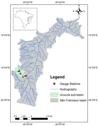 FIGURE  1.  Sites  of  the  streamflow  gauge  stations  analyzed  in  this  study,  which  are  located  in    Urucuia basin