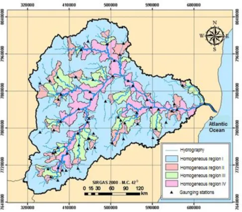 FIGURE 3. Hydrologically homogeneous regions for minimum streamflow obtained for the Doce  river basin