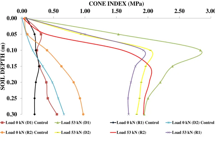 FIGURE 4. Values of cone index for the treatments D1, R1, D2 and R2 in relation to depth in soil  box