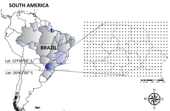 Figure 1:  State of the Paraná with the virtual seasons of the ECMWF model. Black points are the ECMWF virtual stations.