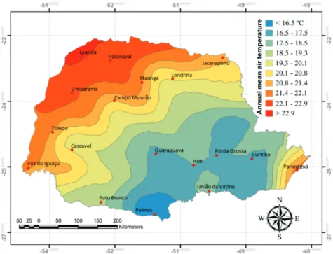 Figure 3: Annual mean air temperature map for State of Paraná, Brazil from ECMWF database.