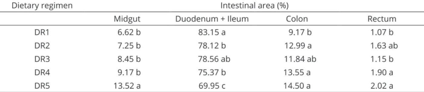 Table 8:  Percentage of the area of the midgut, duodenum + ileum, colon, and rectum of bullfrog tadpoles, at 45  days, subjected to different dietary regimens.