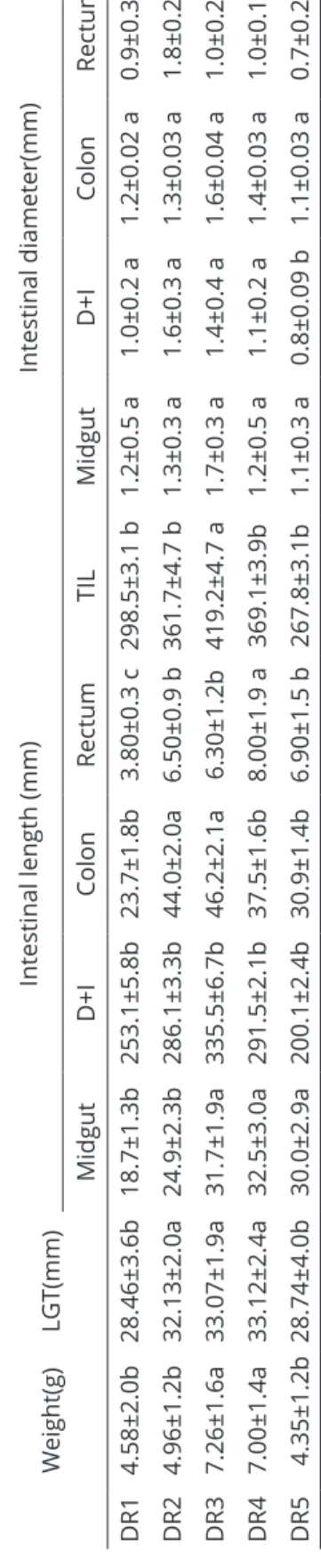 Table 6: Average intestinal measurements in tadpoles from the five dietary regimens taken on the 45th day of the dietary regimen experiment