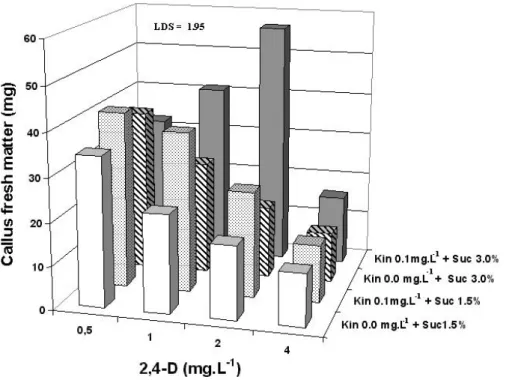 FIGURE 1 – Means of fresh matter of cotyledon calli subcultived in medium with differents concentration of 2,4- 2,4-D, kinetin (Kin) and  sucrose (Suc)