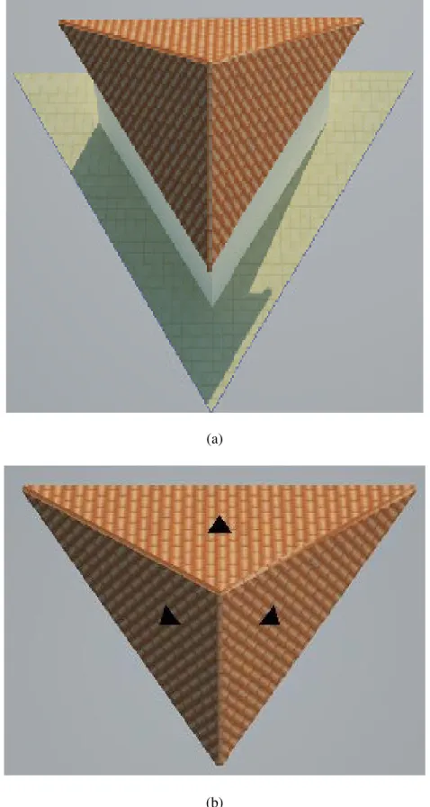 Figura 2.3 - A forma triangular da planta fornece uma solução para o telhado que consiste em  três tacaniças ou águas triangulares iguais: (a) elevação e (b) planta 