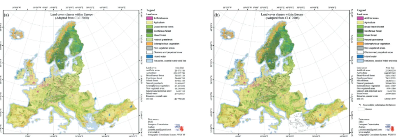 Figure 1. Land Cover Classes (LCC) for Europe based on a specific combination of first, second and third level the Corine land cover classes respecting to (a) 2000 and (b) 2006.