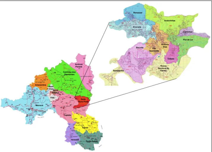 FIGURA  4:  Mapa  com  a  delimitação  das  áreas  de  atuação  das  Equipes  de  Saúde  da  Família  dos  distritos e da sede (em destaque) do Município de Ouro Preto/Minas Gerais