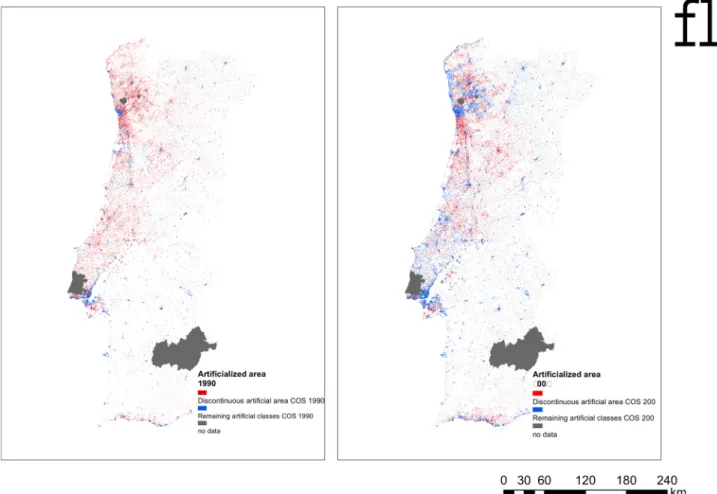 Fig. 2. Spatial distribution of discontinuous arti ﬁ cial class and the rest of arti ﬁ cial land cover classes in continental Portugal in 1990 (left panel) and 2007 (right panel).