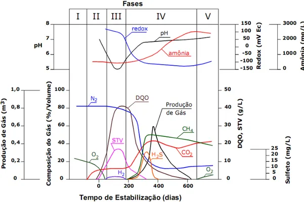 Figura 2.1 - Fases de estabilização de resíduos sólidos dispostos em aterros, segundo Pohland &amp; Harper (1985) e  adaptado por Coelho (2005, apud Catapreta 2008)