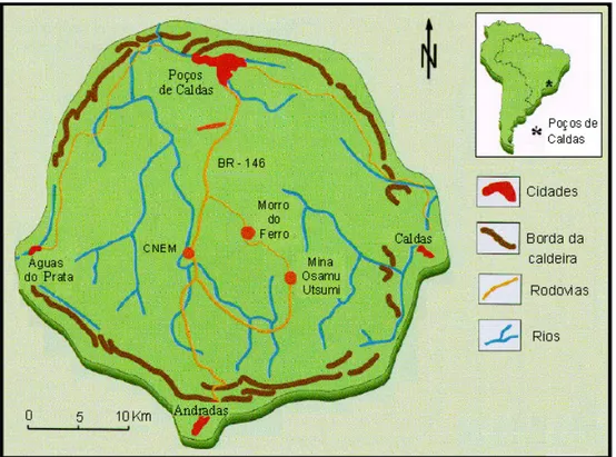 Figura 2.1 – Localização da mina de Osamu Utsumi da UTM no planalto  de Poços de Caldas (INB) (Nobrega, 2007)