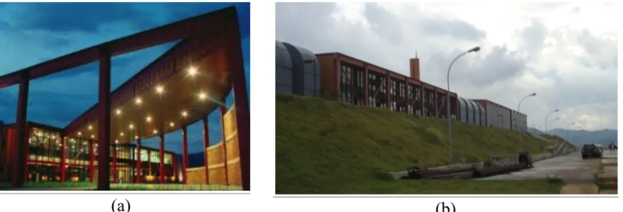 Figura 4.4- Escola de Minas: (a) entrada principal; (b) fachada norte com proteção solar em brises na  ampliação ao fundo