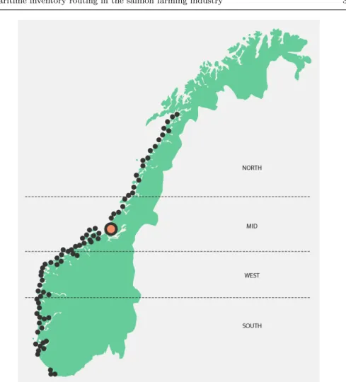 Fig. 1 Marine Harvest’s fish farms located along the Norwegian coast. The big circle rep- rep-resents the feed factory [20].