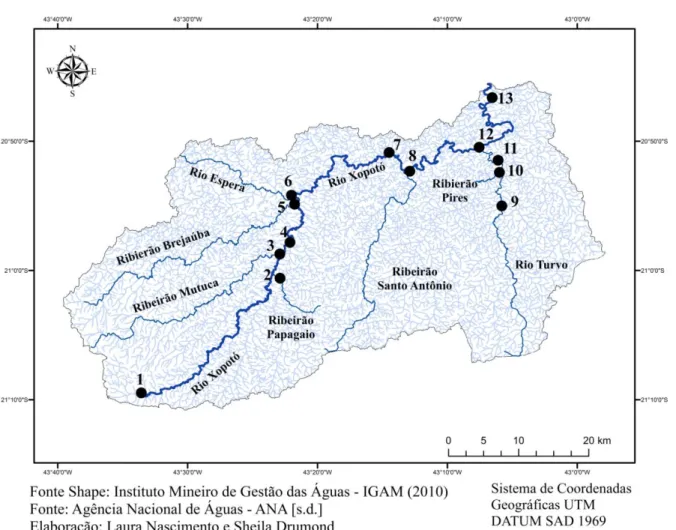 Figura 19: Mapa de localização dos pontos de amostragem na bacia hidrográfica   do Rio Xopotó 