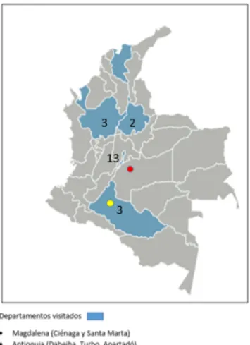 Mapa 2. Relación de visitas y entrevistas desarrolladas durante el desarrollo de la tesis