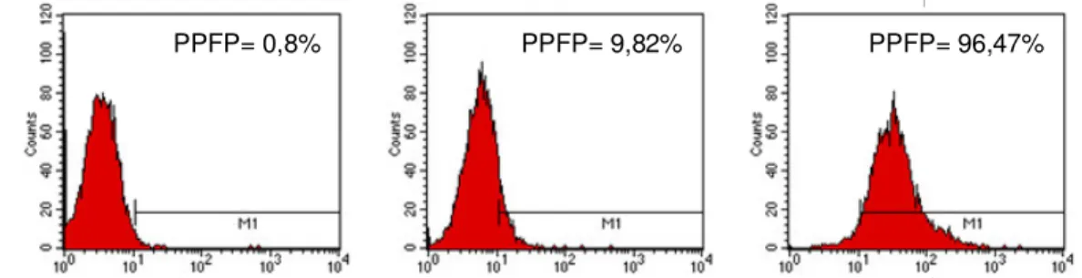 Figura  04  -  Histogramas  individuais  representando  o  percentual  de  parasitos  fluorescentes  positivos  (PPFP) obtidos com controle interno da reação (A), após incubação com soro de paciente não infectado 