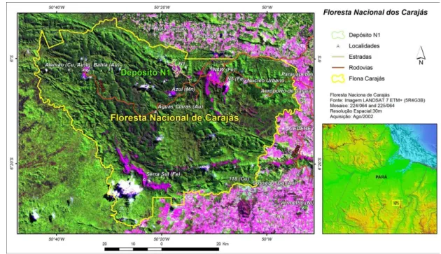 Figura 1.1- Localização e infraestrutura viária na região do Depósito de N1 no contexto da Flona Carajás