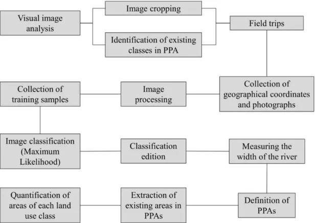 Figure 2. Demonstrative flowchart of the procedures performed in land use analysis for PPAs located in a lotic  stretch of Grande River, in Southern Minas Gerais.