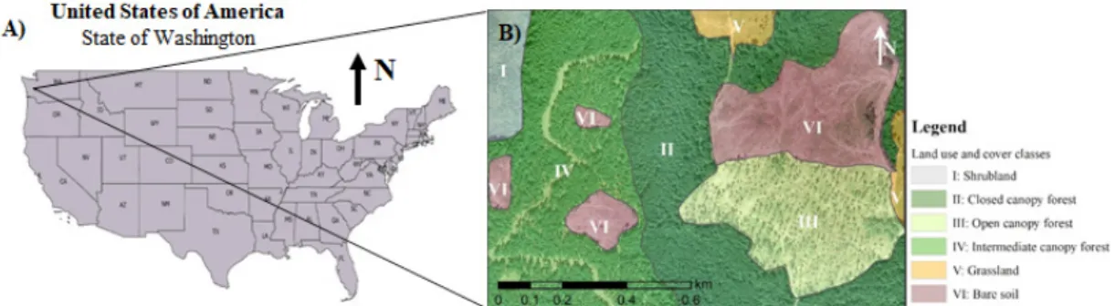 Figure 1. Study area location in the USA (A), orthorectified aerial photography of Capitol Forest and land cover  classes (B)