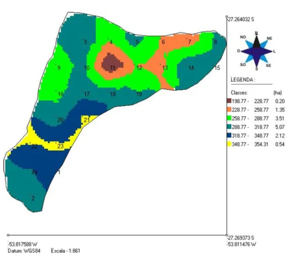 Figura 2. Mapa temático do volume total (m 3 ha –1 ) em um povoamento de Eucalyptus grandis na região de  Derrubadas, RS.