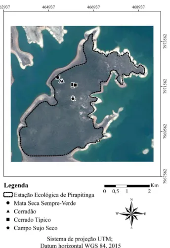 Figure 1. Collection points in their vegetation types of the Pirapitinga Ecological Station.