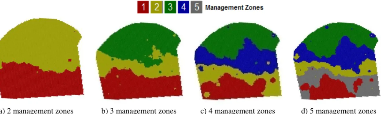 FIGURE 5. Division of the area into management zones using Fuzzy logic and sand layer, selected  by means of cross spatial correlation matrix to agronomic approach