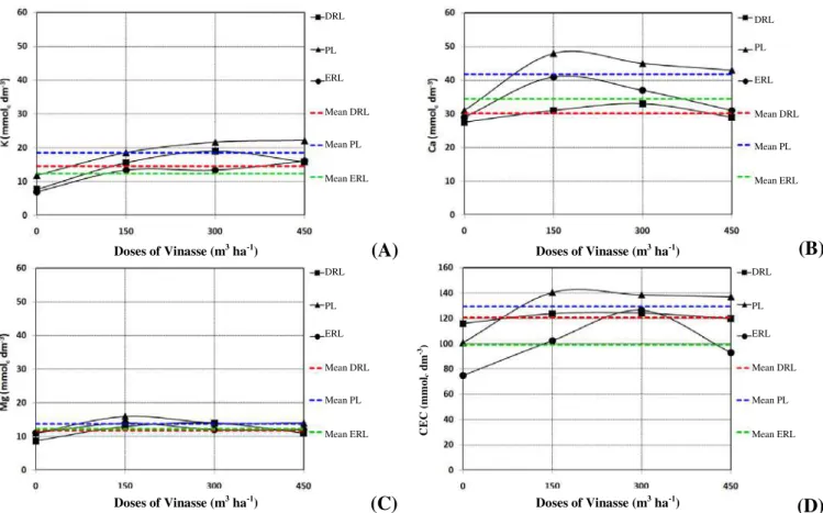 FIGURE 5.  Absolute and mean concentrations values of ions of potassium, calcium, magnesium  and of cation exchange capacity (CEC), for the three soil, under vinasse doses