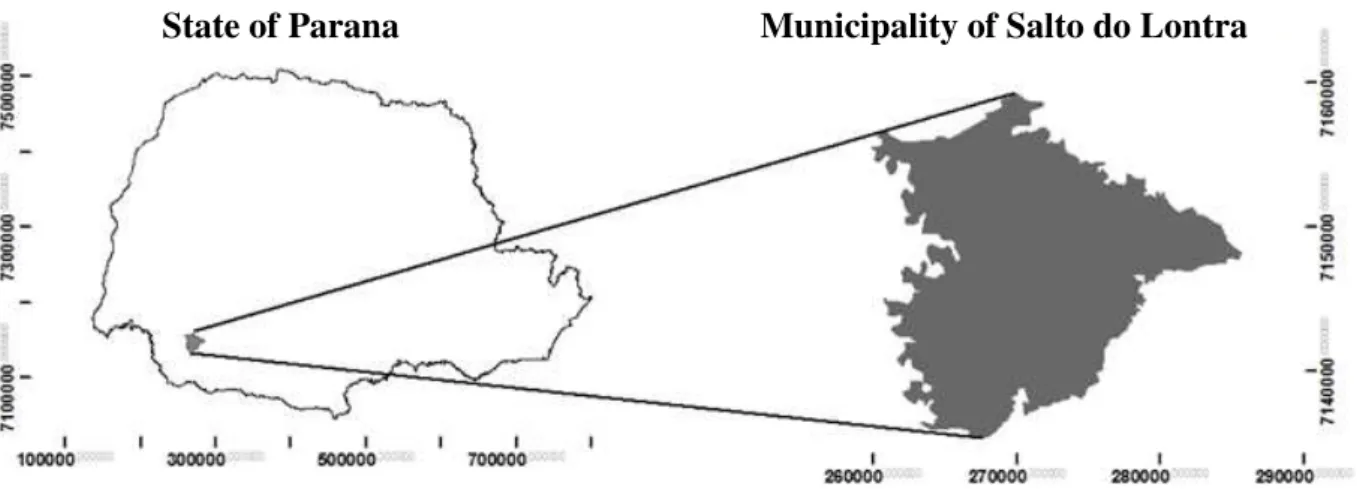 FIGURE 1. Location map of Salto do Lontra municipality in the state of Paraná. WGS 84 Datum,  UTM coordinates, Zone 22 S