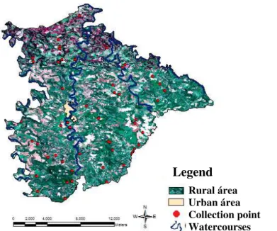 Figure 2 shows the spatial map of the municipality of Salto do Lontra - PR, with the location  of urban and rural areas and main rivers in the municipality, as well as the spatial distribution of the  57 sampling points on the farms studied