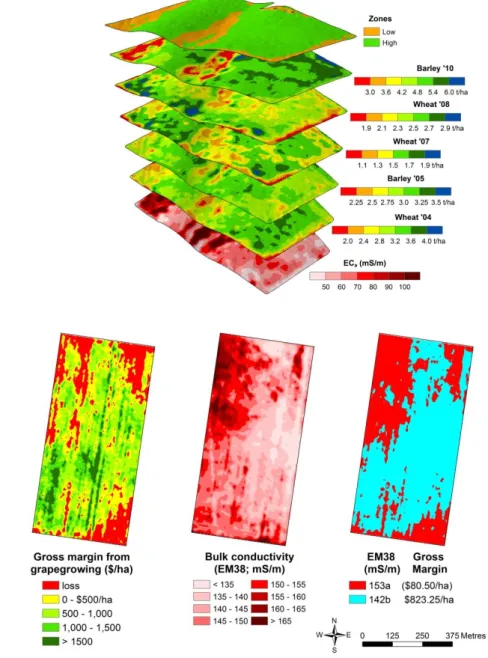 FIGURE 1.  Examples of the zone based  approach to PA typically used in Australia.  In  (a)  which  shows a 96 ha cereal field from the Eyre Peninsula, South Australia, yield maps  (2004-2010)  have  been  clustered  (using  k-means)  with  a  map  of  app