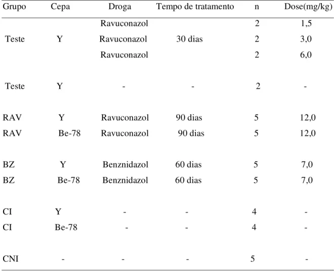 Tabela 1: Grupos experimentais avaliados nos experimentos de quimioterapia. 