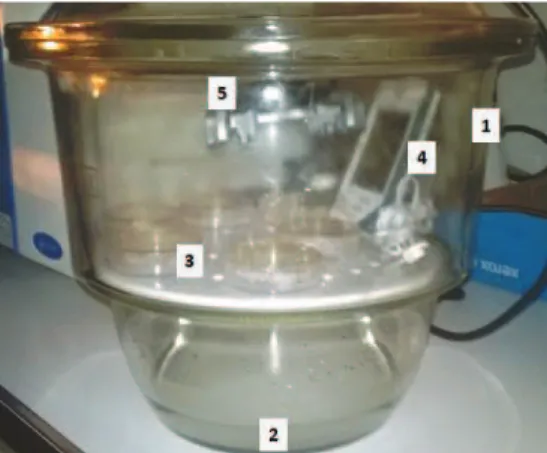 Figura 8: Exsicador fechado (1) com solução de nitrato de magnésio hexahidratado no fundo (2),  pratos  de  teste  (3)  e  medidor  de  T  e  HR  (4)  no  tabuleiro  e  ventoinha  (5)  no  topo,  presa  na  tampa