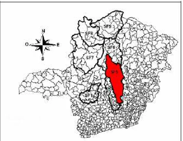 Figura  8.1-  Localização  da  bacia  do  rio  das  Velhas  em  Minas  Gerais –   UPGRH  SF5  (IRRIPLAN, 2010) 
