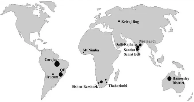 Figura 3.4: Mapa com a distribuição de alguns depósitos mais importantes de hematita de alto teor do mundo  (Beukes et al