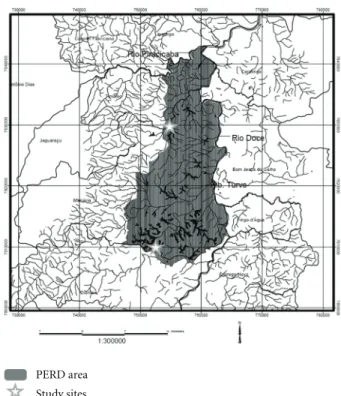 Figure 1: Map showing the location of the PERD and the study sites in relation to the surrounding region