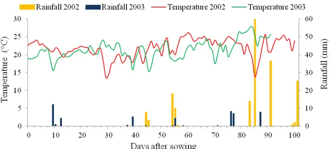 FIGURE 1. Mean temperature and rainfall during 2002 and 2003 crop seasons, in Jaboticabal, SP (Brazil)