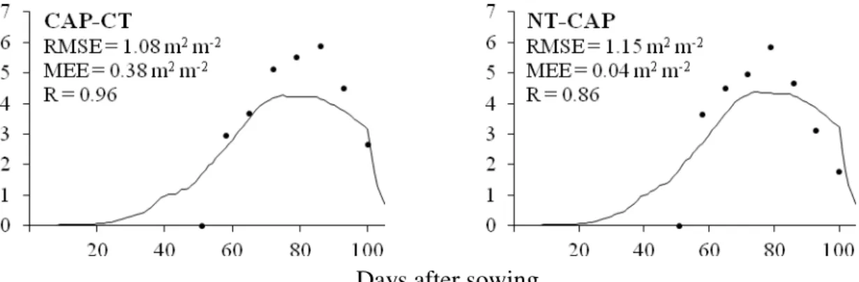 FIGURE  4.  Leaf  area  index  of  common  beans,  field-observed  data  vs.  simulated  data  by  CS- CS-CROPGRO model for the testing phase.