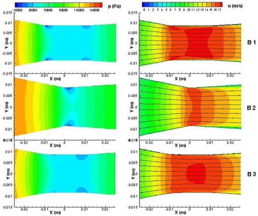 Figure 6 shows pressure and speed distribution  in a vertically symmetrical plane  in the throat  for models B1, B2 and B3