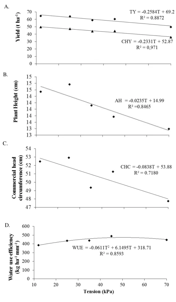 FIGURE  1.  Observed  and  estimated  average  values  of  yield,  plant  height,  commercial  head  circumference,  and  water  use  efficiency,  according  to  different  water  tensions