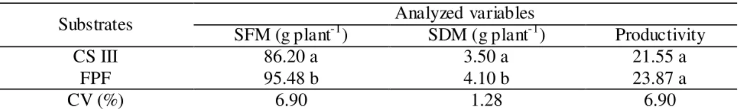 TABLE  1.  Fresh  mass  of  shoots,  SFM  (g  plant -1 ),  dry  mass  of  shoots,  SDM  (g  plant -1 )  and  productivity (t ha -1 ) in relation to the substrates assessed (Crushed Stone Number 3, CS  III and Flexible Polyurethane Foam, FPF)