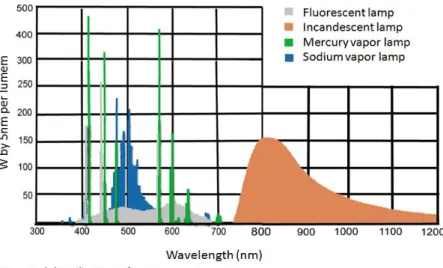 FIGURE  1.  Spectral  distribution  of  energy  of  the  incandescent  lamp,  mercury  vapor  lamp,  lamp  vapor of sodium and fluorescent lamp