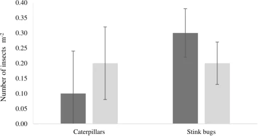 FIGURE  3.  Number  of  caterpillars  and  stink  bugs,  five  days  after  aerial  applications  of  thiamethoxam in soybean, using electrostatic system (10 L ha -1 ) and rotary atomizer  (20 L ha -1 )