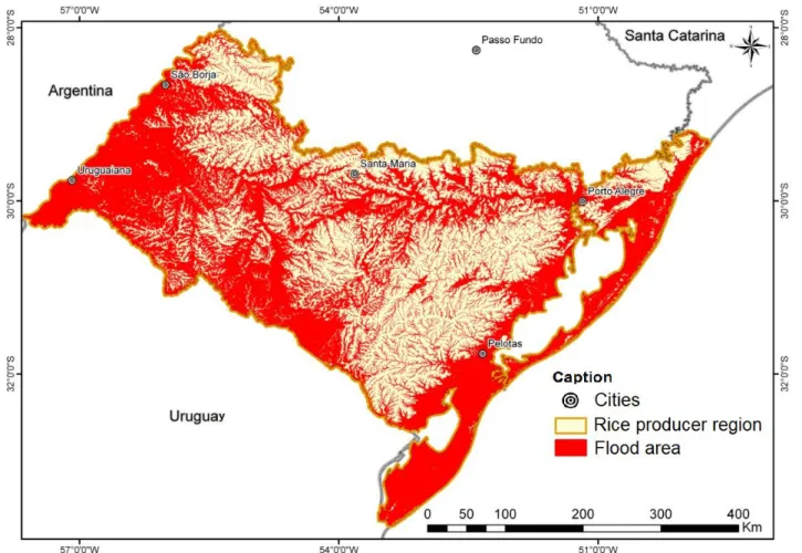 FIGURE 4. Flood area  location  generated by HAND  model  with  minimum  height of 8  m  to 40  m  from the nearest drain