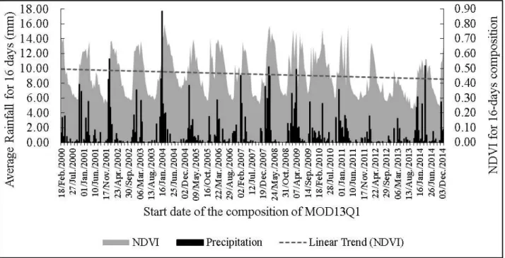 FIGURE 4. Temporal arrangement of NDVI and rainfall for Petrolina-PE. 